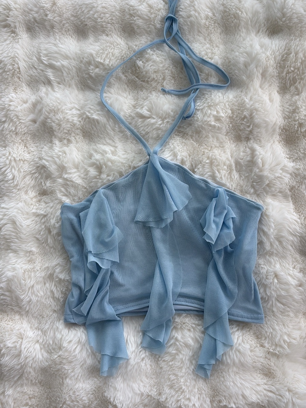 PrettyLittleThing Light Blue Ruffle Halter Crop Top